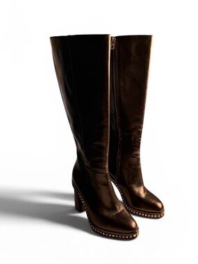 Coach Justina Black Knee-High Leather Boots with Gold Studded Trim | NWOT